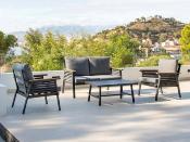 Salon jardin 4 places Sofa 2 places 2 fauteuils structure anthracite tissus gris table basse