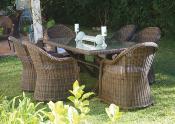 Salon jardin à manger table rectangulaire 200cm 6 fauteuils style tressé tissus beige