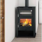 M-107 T - poêle à bois en acier, dble combustion, turbines, four sup. de face en inox, bûcher