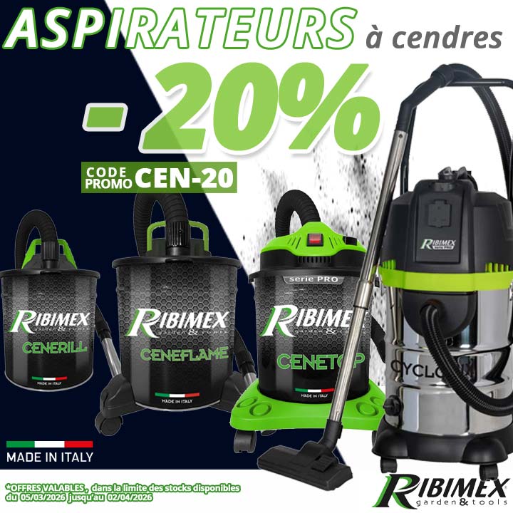 20% de remise sur nos aspirateurs &agrave; cendres fabrication italienne Ribimex avec le code promotionnel CEN-20 jusqu'au 2 avril 2026, pour entretenir, po&ecirc;les, chemin&eacute;es, inserts, barbecue, chez Bricommerce