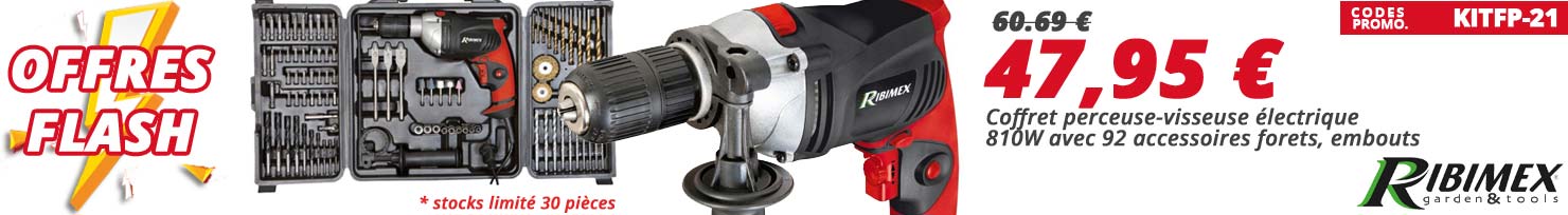 21% de remise avec le code KITFP-21 coffret perceuse-visseuse &eacute;lectrique filaire 810W avec 92 pi&egrave;ces d'accessoires forets, embouts... quantit&eacute; limit&eacute;e chez Bricommerce