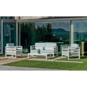 Salon jardin 4 à 5 places sofa 2 places 2 fauteuils 1 table bass blanc artic bleu clair