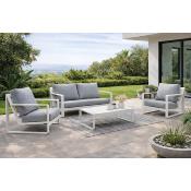 Salon jardin 4 à 5 places sofa 2 places 2 fauteuils table basse blanc tissus gris clair