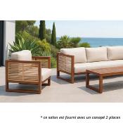 Salon jardin 4 à 5 place sofa 3 places 2 fauteuils table basse marron bois blanc