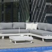 Salon jardin canapé d'angle 4 à 6 places table basse blanc tissus gris clair