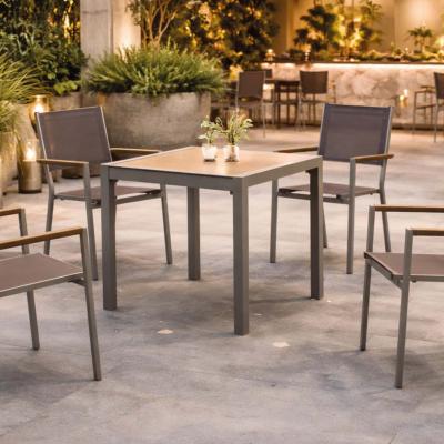 Ensemble bistrot 4 fauteuils table carré 90cm champagne tissus gris