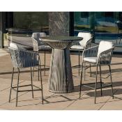 Ensemble bistrot bar 4 fauteuils style tressé table ronde 90cm anthracite tissus blanc