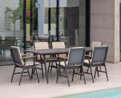 Salon jardin à manger 1 table 220cm imit. pierre 6 fauteuils anthracite beige clair