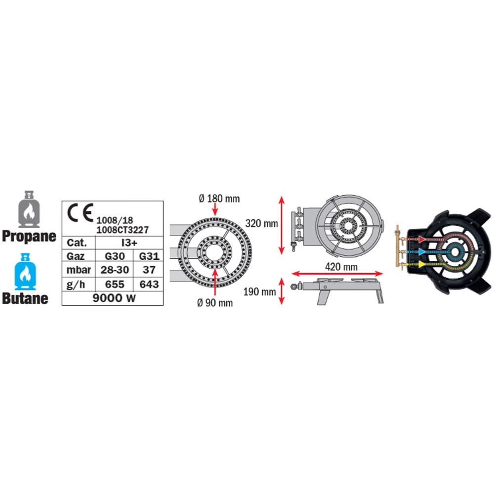 Réchaud gaz 3 feux 9000 W,RIBIMEX,PRF391-34,PRF391/34