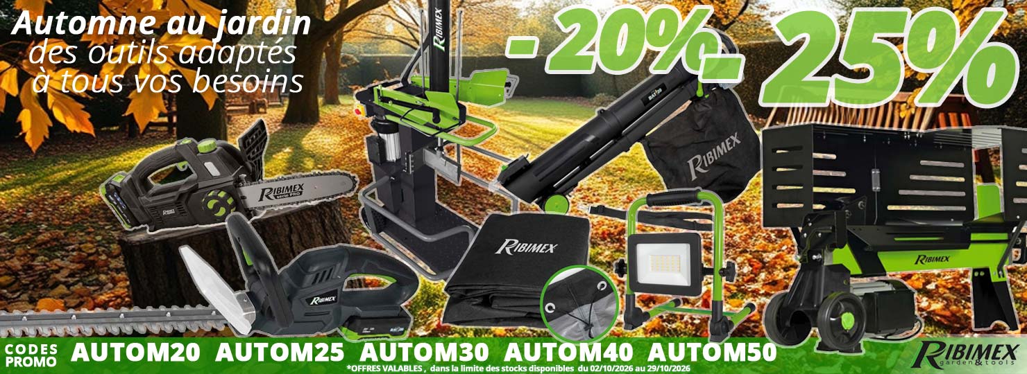 20% et 25% de remise avec les code promos AUTOM20 AUTOM25 sur le matériel électroportatif à batterie nos housses de protection mobilier et équipement de jardin, l'éclairage extérieur et des promotions plus importantes à chercher, le code est dans le bandeau de l'article, bel Automne chez Bricommerce