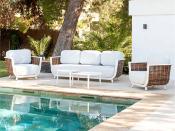 Salon jardin 5 places Sofa 3 places 2 fauteuils 2 tables rondes blanc tissus gris clair