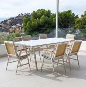 Salon jardin à manger 1 table 220cm plateau imit. marbre beige clair 6 fauteuils beige