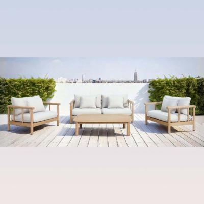Salon jardin à manger 5 places Sofa 3 places 2 fauteuils table 140x89x35 bois Acacia beige clair