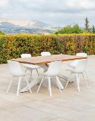 Salon jardin à manger table rectangulaire 200cm imit. bois 6 chaises tissus blanc
