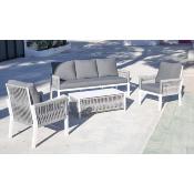 Salon de jardin 5 places blanc/cordage gris tissus gris table basse rectangulaire 105cm