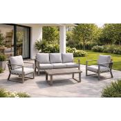 Salon jardin 4 à 6 places sofa 3 places 2 fauteuils table basse champagne gris clair