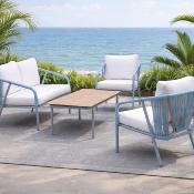 Salon jardin 4 à 5 places sofa 2 pl 2 fauteuils style tressé table basse bleu  blanc