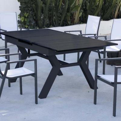 Salon à manger 6 places table extens. 160-210cm 6 fauteuils anthracite tissus blanc