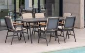 Salon jardin à manger 1 table 220cm imit. pierre 6 fauteuils anthracite beige clair
