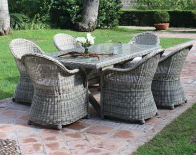 Salon jardin à manger table rectangulaire 200cm 6 fauteuils style tressé tissus beige