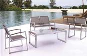 Salon Agate Aluminium brossé ultra design, sofa et fauteuils avec accoudoirs, plateau de table en