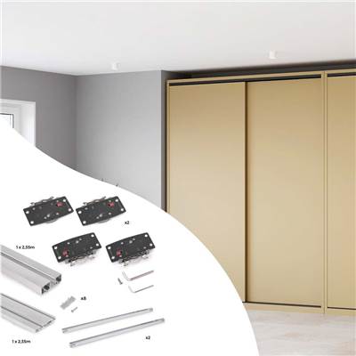 Système montage surface Flow 2 kit une armoire 2 portes coulissantes bois fermeture souple.
