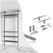 Kit fixation 4 étagères bois 1 tringle suspension 1m long Zero alu. Zamak plastique gris pierre
