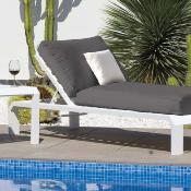 Bain de soleil 1 place anthracite tissus blanc inclinable 200x75x87cm