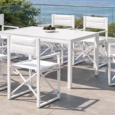 Salon à manger 6 places table rectangulaire 200cm 6 fauteuils blanc tissus blanc