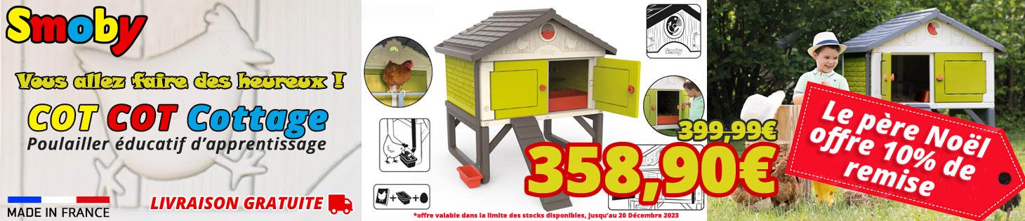Poulailler éducatif pour enfants COT COT Cottage de SMOBY livraison gratuite et le père Noël offre 10% de remise supplémentaire jusqu'au 20 Décembre 2023 !