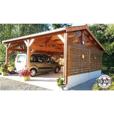 Abri 2 pentes Faitage Décalé Bois Douglas France Carport Auvent voiture 550x600cm H 250cm