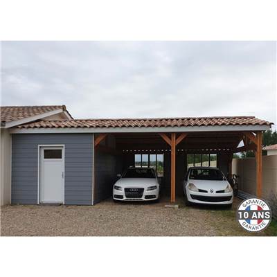 Abri 2 pentes Faitage Décalé Adossé Bois Douglas France Carport Auvent voiture 500x800cm H 250cm