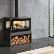 Poêle à bois 3 faces avec bûcher 19kw vermiculite bûches 95cm sortie 200mm 4 turbine