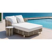 Lit de jardin 2 places 160x170x85cm blanc corde champagne tissus blanc table ronde