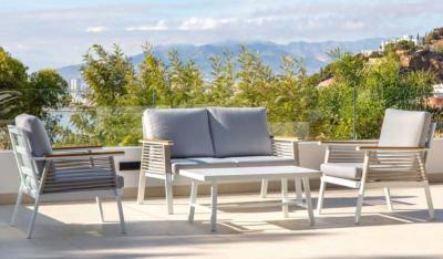 Salon jardin 4 places Sofa 2 places 2 fauteuils structure blanche tissus gris table basse