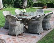 Salon jardin à manger table rectangulaire 200cm 6 fauteuils style tressé tissus beige