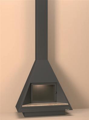 Cheminée centrale avec porte en verre et cadre anthracite, rebord en marbre travertin 18 Kw