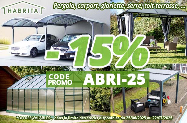 15% de remise sur votre aménagement extérieur carport, pergola, gloriette, toit terrasse, niche, volière, serre de jardin... chez Bricommerce