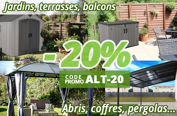 20% de remise sur les abris de jardins et coffres r&eacute;sine, les pergolas aluminium/acier et les voli&egrave;res bois chez Bricommerce