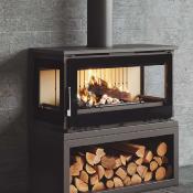 Poêle à bois 3 faces avec bûcher 18kw vermiculite bûches 75cm sortie 200mm 2 turbines