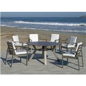 Set Salon de jardin à Manger SUMATRA-HPL-150 avec 6xCAMELIA-30 Finition CHAMPAGNE/PLATEAU HPL DESIGN BOIS Tissus BEIGE de 6 places