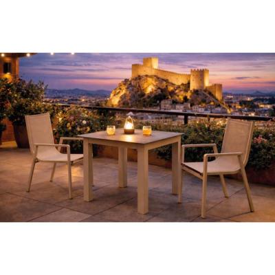 Ensemble bistrot 2 fauteuils table carré 90cm tissus marron clair