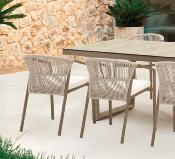 Salon jardin à manger table rectangulaire 200cm 6 fauteuils imit. bois tissus beige