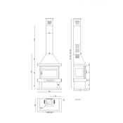 Cheminée à bois en acier, 3 cotés vitrés porte sérigraphiée, bûcher inférieur 15 Kw