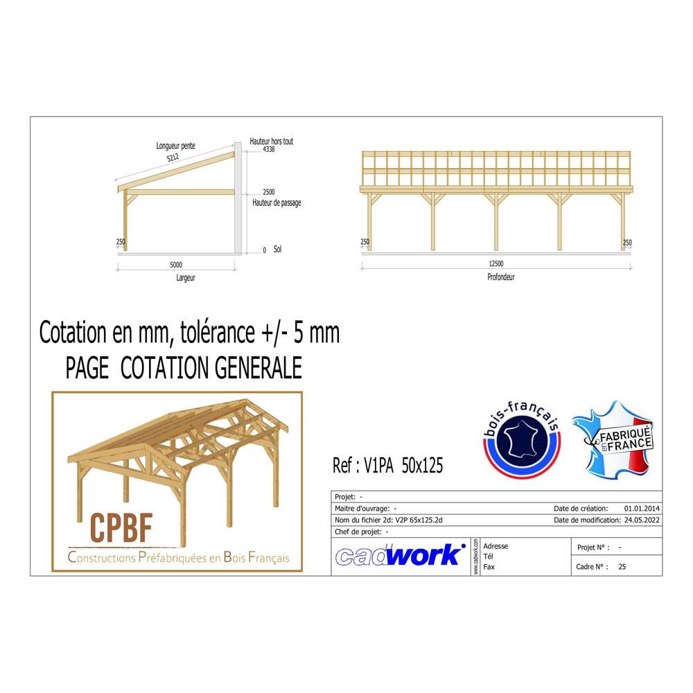 Abri Une Pente, Bois DOUGLAS Français 500cmx1250cm, V1P50X125,CPBF