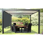 Pergola bioclimatique aluminium anthracite 10.80 m² rideau petit côté, lames toit écru