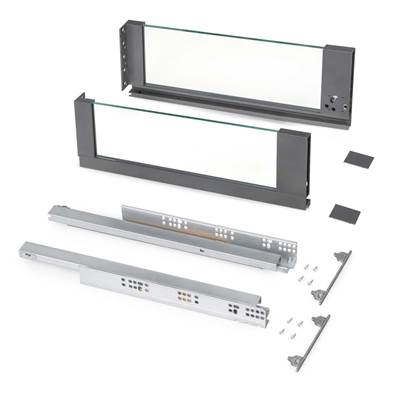 Tiroir ext. Vertex 40kg côtés verre 178mm haut 500mm prof. Acier alu. Verre Anthracite