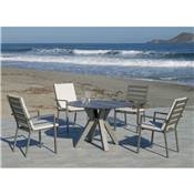 Set Salon de jardin à Manger VALONIA-HPL-120 avec 4xPALMA-3  + Coussin(s)  Finition CHAMPAGNE/PLATEAU HPL DESIGN BOIS Tissus ECRU de 4 places