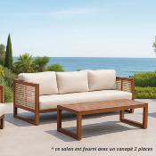 Salon jardin 4 à 5 place sofa 3 places 2 fauteuils table basse marron bois blanc