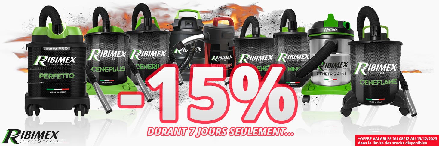 15% de remise sur votre aspirateur à cendres Ribimex, pour votre poêle à bois, à pellets, votre cheminée, Chez Bricommerce jusqu'au 15 Décembre 2023 seulement 7 jours !
